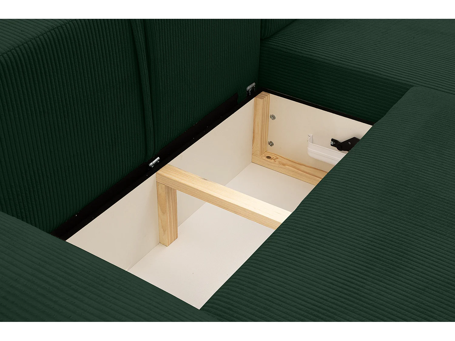 Canapé d'angle Dream Cord avec fonction couchage et coffre de rangement, couleur : vert, tissu cordé, pouf à droite