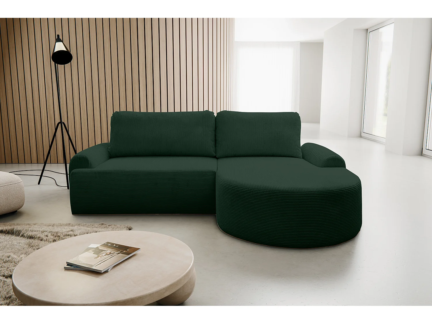 Canapé d'angle Dream Cord avec fonction couchage et coffre de rangement, couleur : vert, tissu cordé, pouf à droite