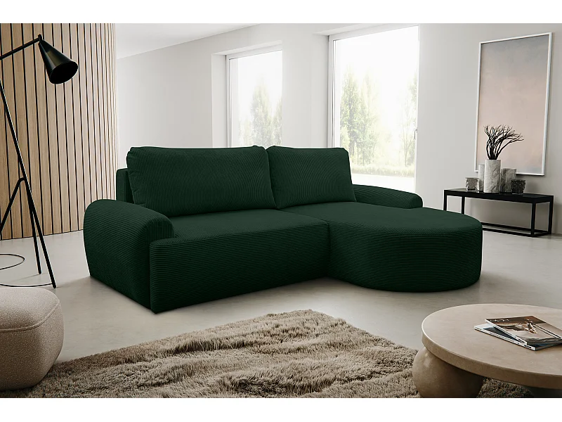 Canapé d'angle Dream Cord avec fonction couchage et coffre de rangement, couleur : vert, tissu cordé, pouf à droite