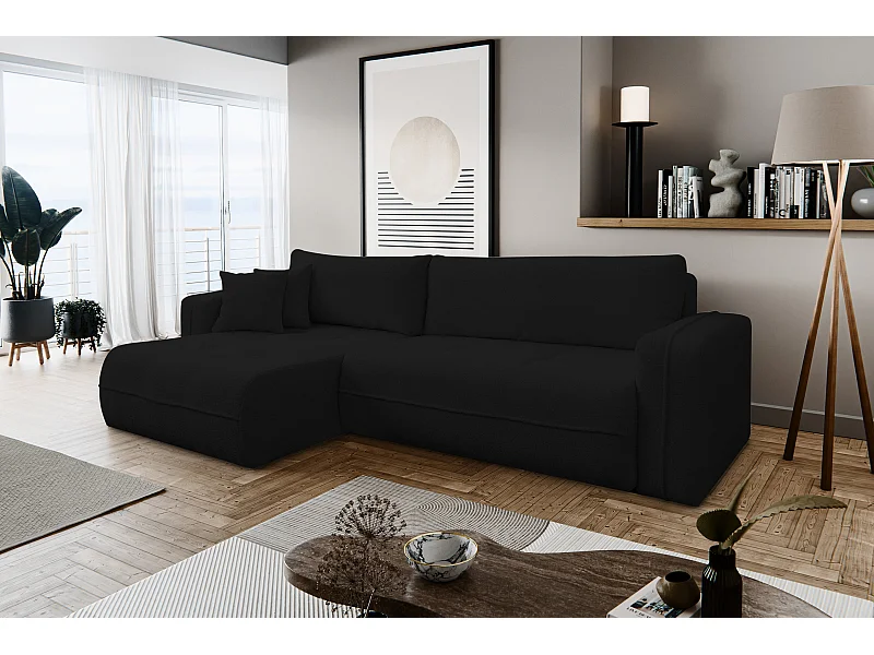 Canapé d'angle Cloud avec fonction couchage et coffre de rangement, couleur : noir, tissu bouclé, pouf universel