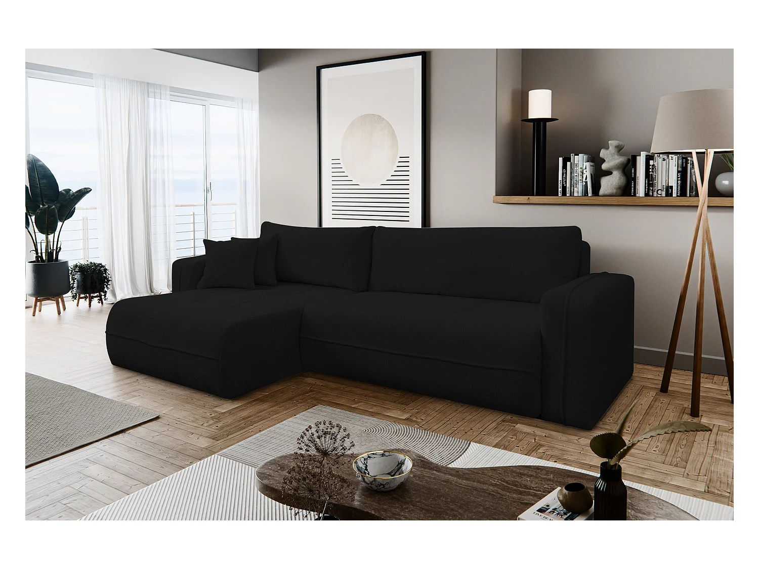 Canapé d'angle Cloud avec fonction couchage et coffre de rangement, couleur : noir, tissu bouclé, pouf universel