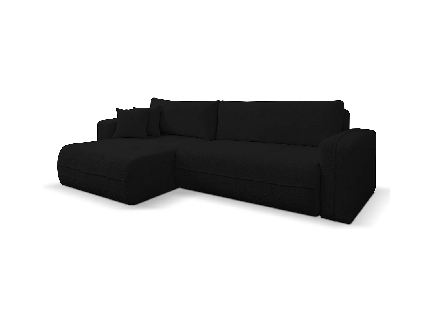 Canapé d'angle Cloud avec fonction couchage et coffre de rangement, couleur : noir, tissu bouclé, pouf universel