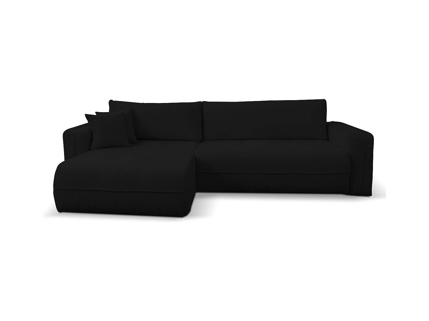 Canapé d'angle Cloud avec fonction couchage et coffre de rangement, couleur : noir, tissu bouclé, pouf universel