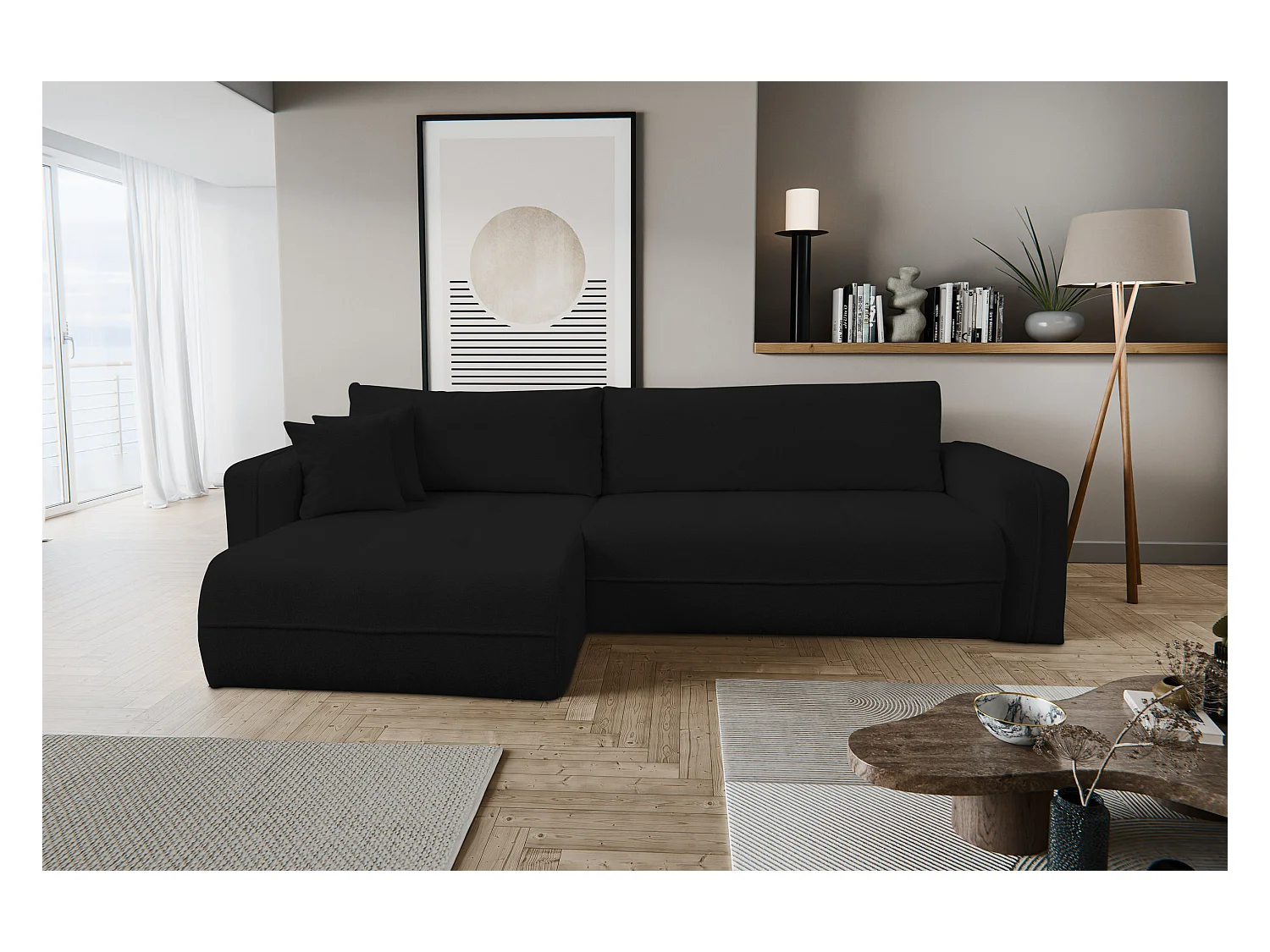 Canapé d'angle Cloud avec fonction couchage et coffre de rangement, couleur : noir, tissu bouclé, pouf universel