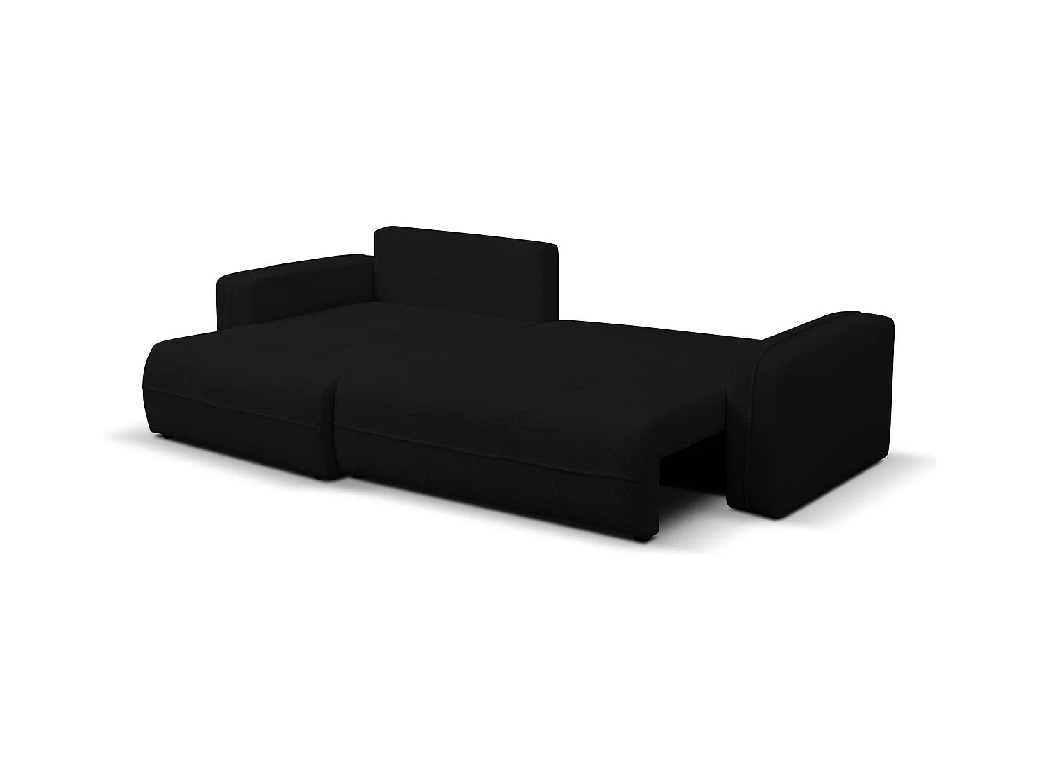 Canapé d'angle Cloud avec fonction couchage et coffre de rangement, couleur : noir, tissu bouclé, pouf universel