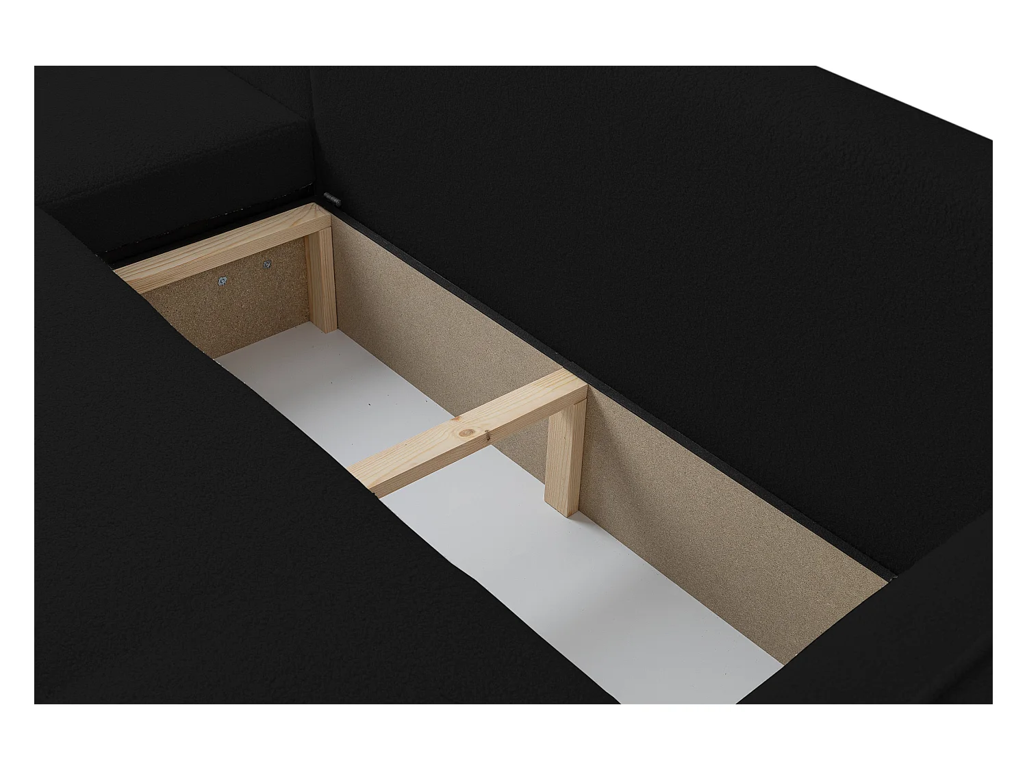 Canapé d'angle Cloud avec fonction couchage et coffre de rangement, couleur : noir, tissu bouclé, pouf universel