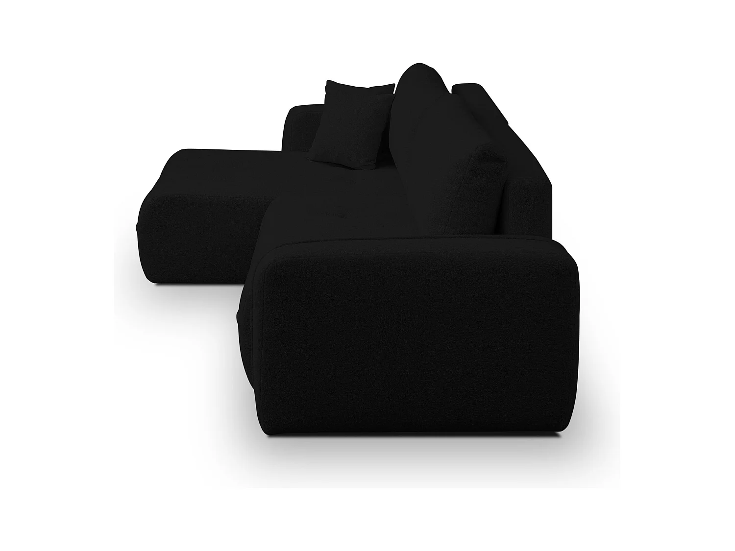 Canapé d'angle Cloud avec fonction couchage et coffre de rangement, couleur : noir, tissu bouclé, pouf universel