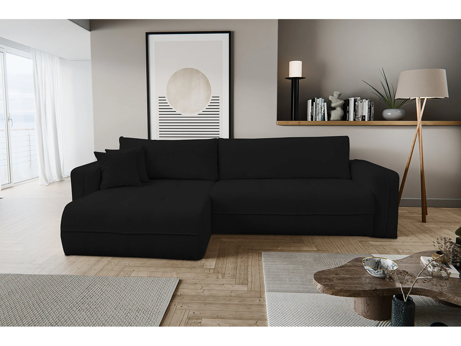 Hoekbank Cloud, hoekbank in L-vorm met slaapfunctie en bedbak, kleur: zwart, bouclé-stof, ottomane Unsiversal
