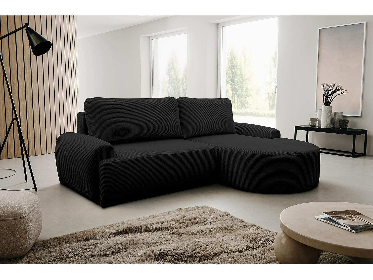 Canapé d'angle Dream Cord avec fonction couchage et coffre de rangement, couleur : noir, tissu cordé, pouf à droite