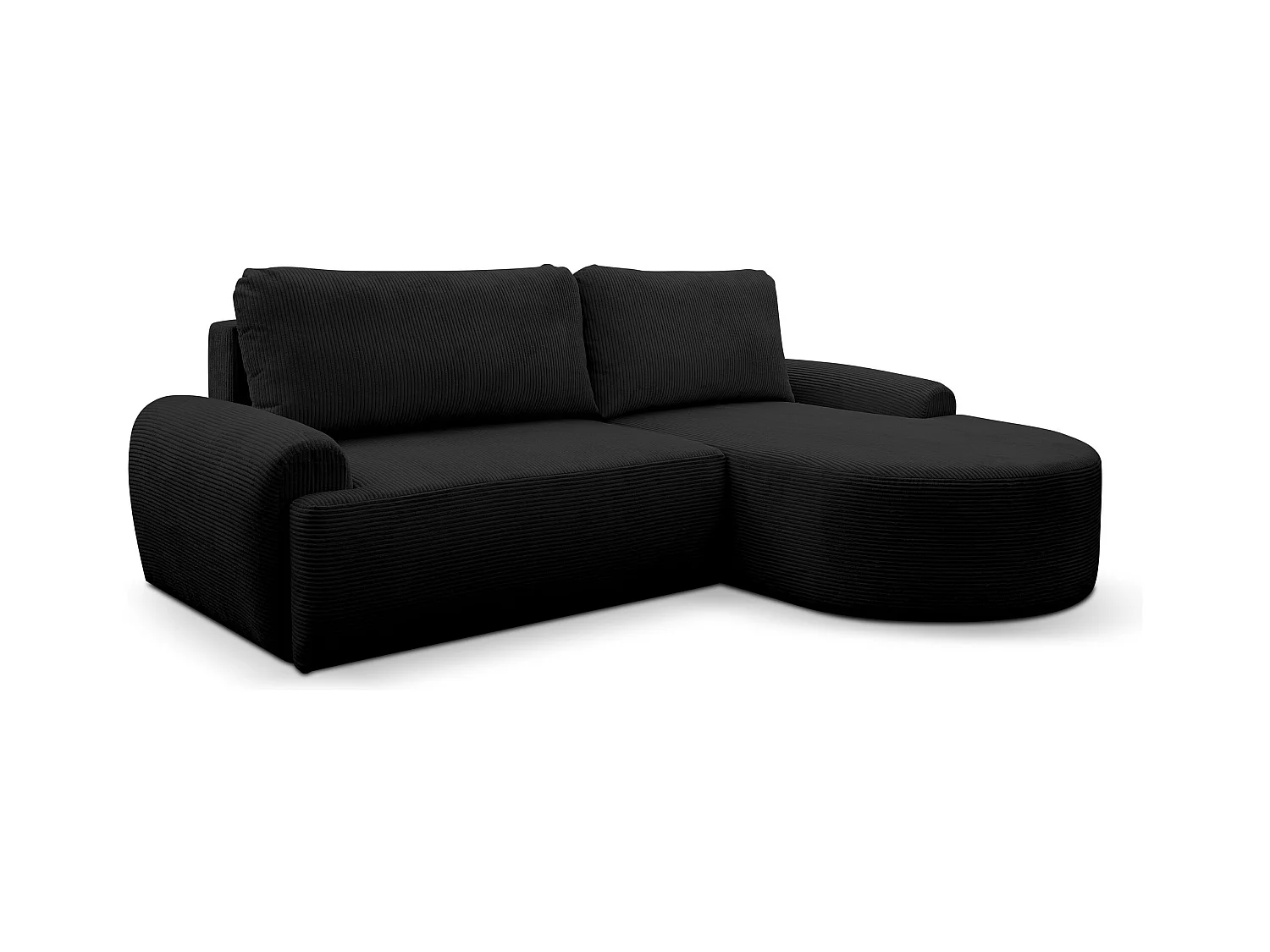 Canapé d'angle Dream Cord avec fonction couchage et coffre de rangement, couleur : noir, tissu cordé, pouf à droite