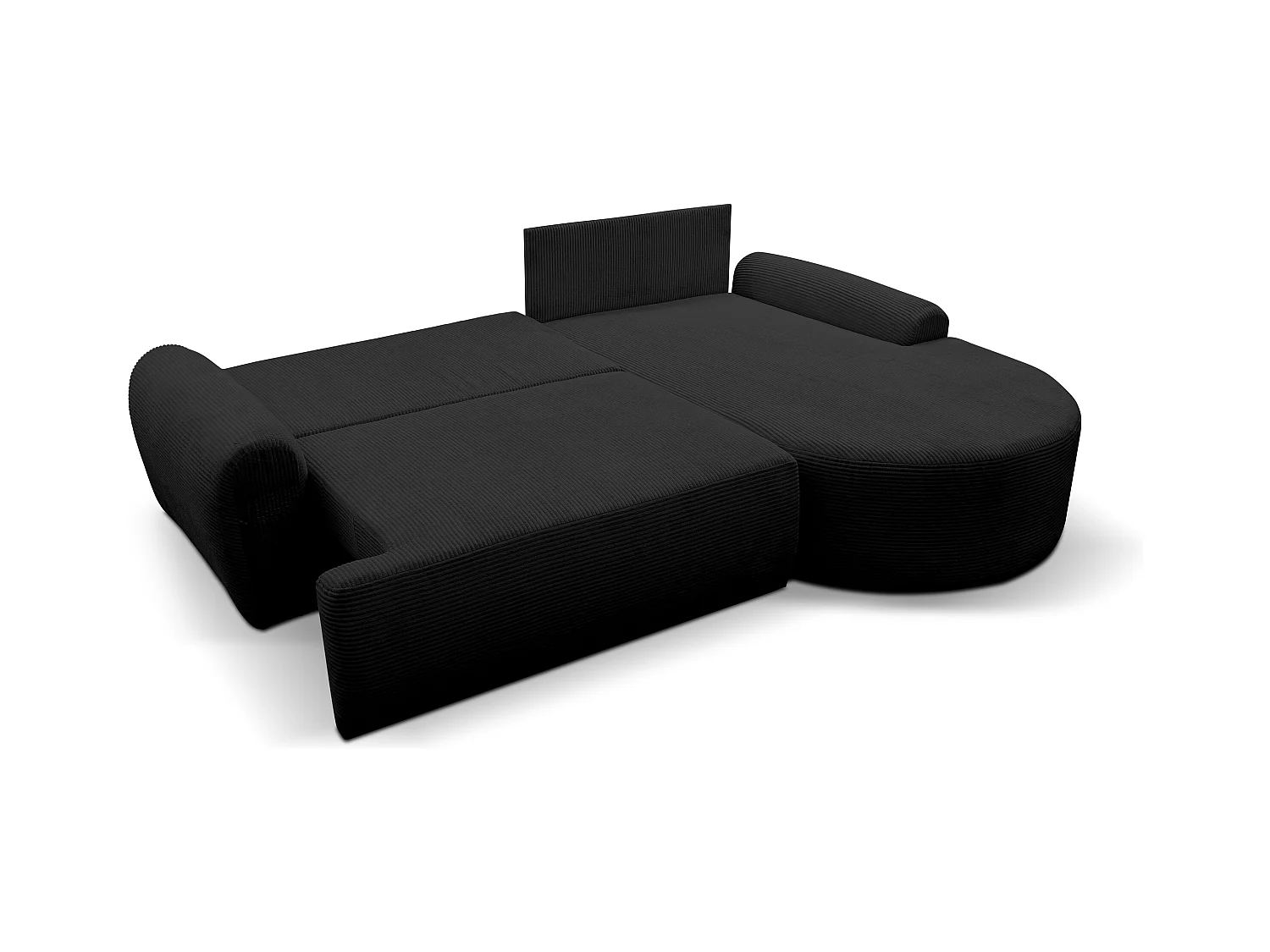 Canapé d'angle Dream Cord avec fonction couchage et coffre de rangement, couleur : noir, tissu cordé, pouf à droite