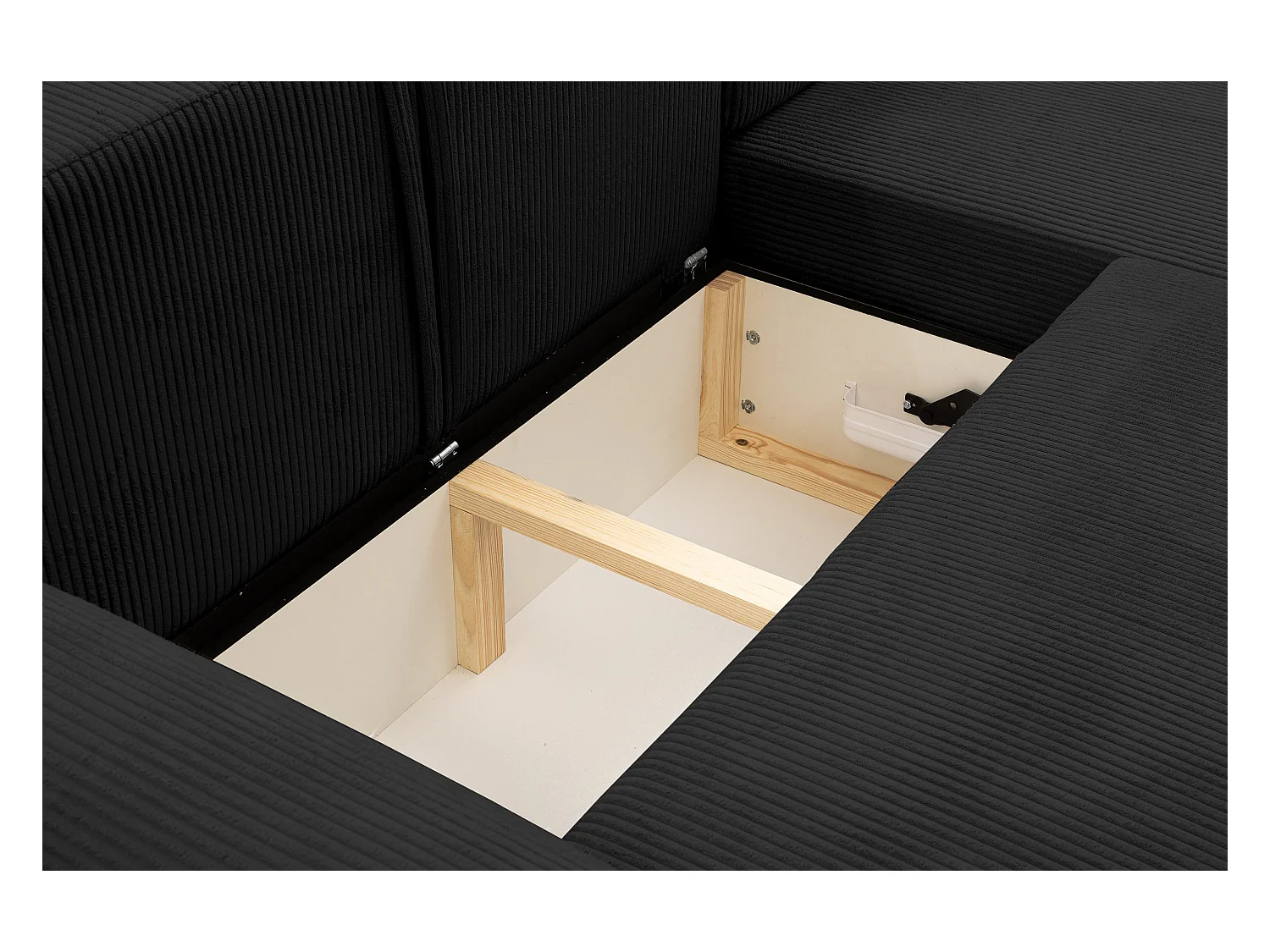 Canapé d'angle Dream Cord avec fonction couchage et coffre de rangement, couleur : noir, tissu cordé, pouf à droite