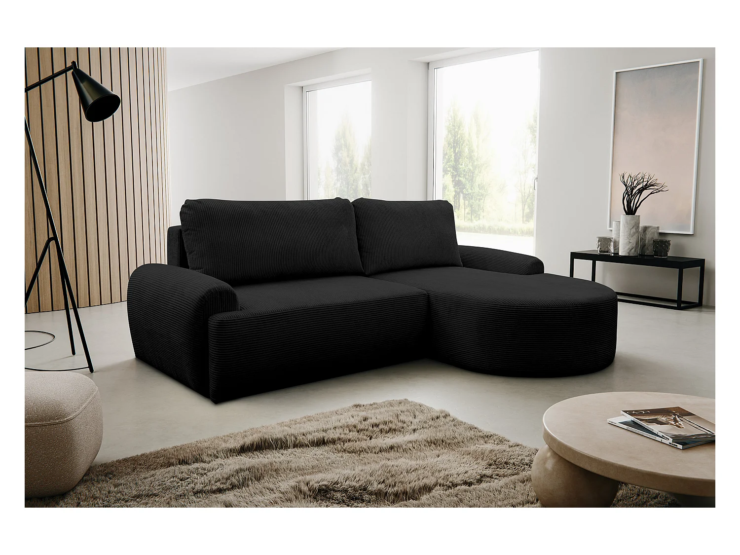 Hoekbank Dream Cord, hoekbank in L-vorm met slaapfunctie en bedbak, kleur: zwart, corduroy, ottomane rechts
