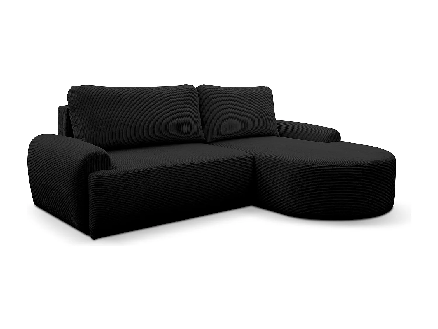 Canapé d'angle Dream Cord avec fonction couchage et coffre de rangement, couleur : noir, tissu cordé, pouf à droite