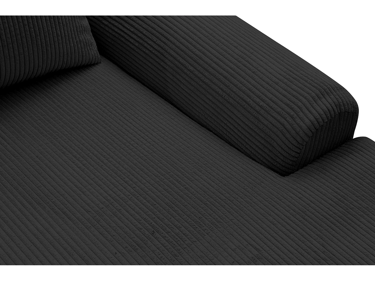 Canapé d'angle Dream Cord avec fonction couchage et coffre de rangement, couleur : noir, tissu cordé, pouf à droite