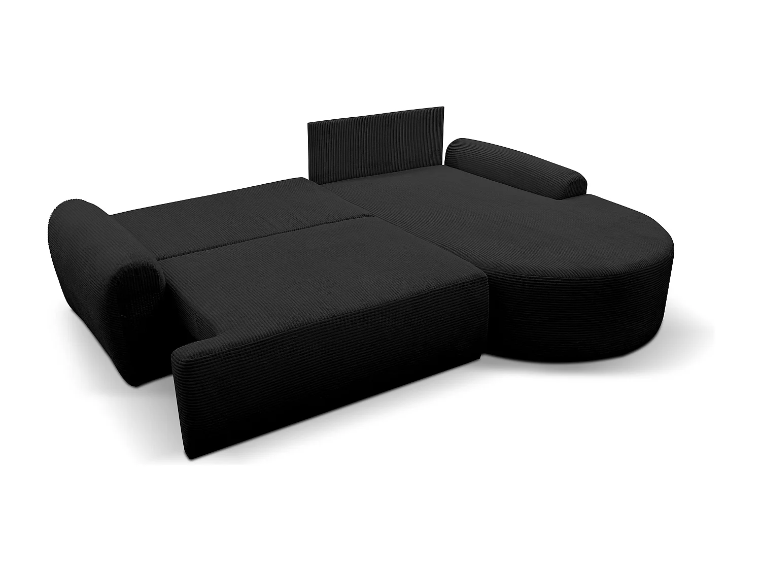 Canapé d'angle Dream Cord avec fonction couchage et coffre de rangement, couleur : noir, tissu cordé, pouf à droite