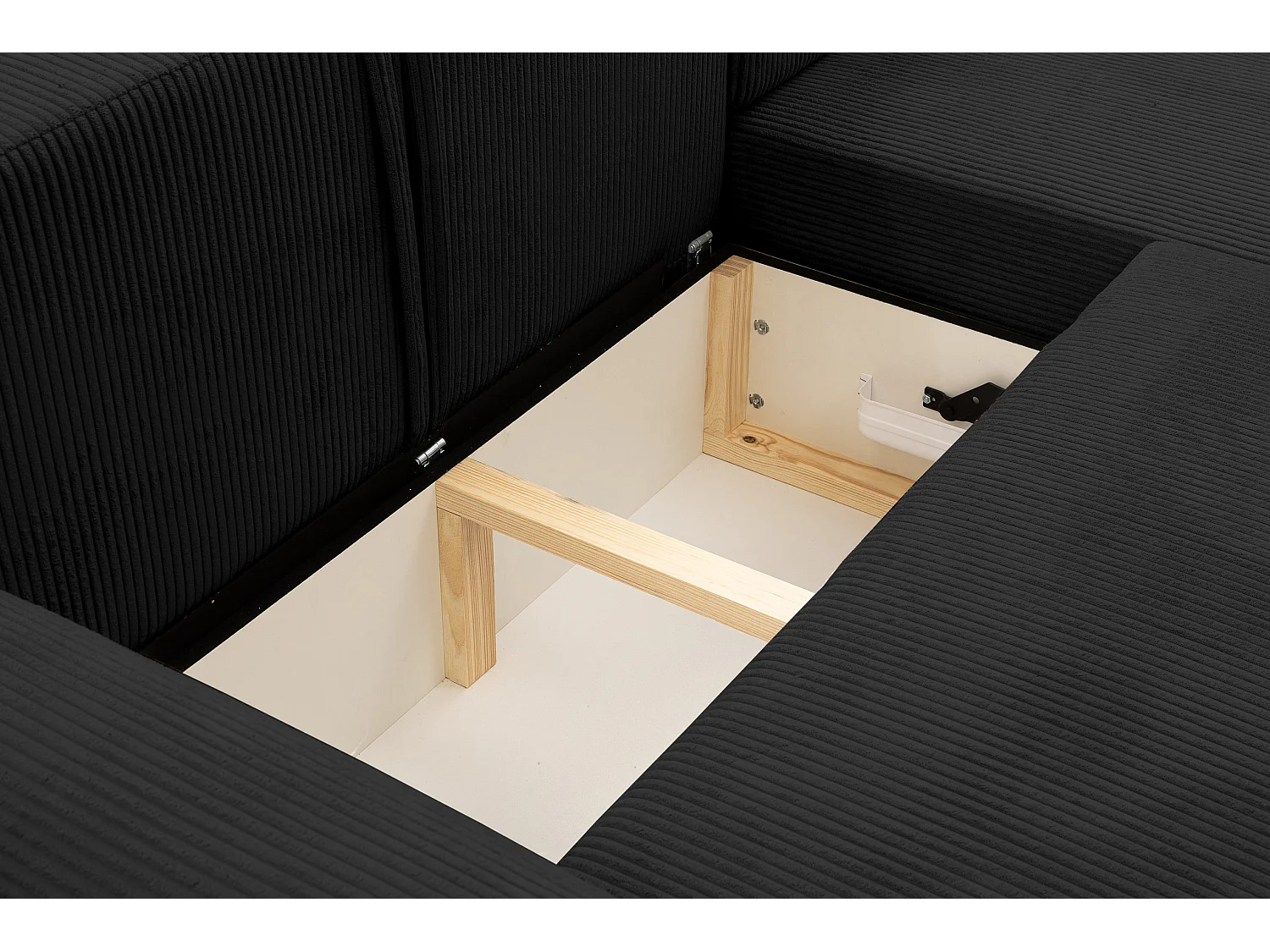 Canapé d'angle Dream Cord avec fonction couchage et coffre de rangement, couleur : noir, tissu cordé, pouf à droite