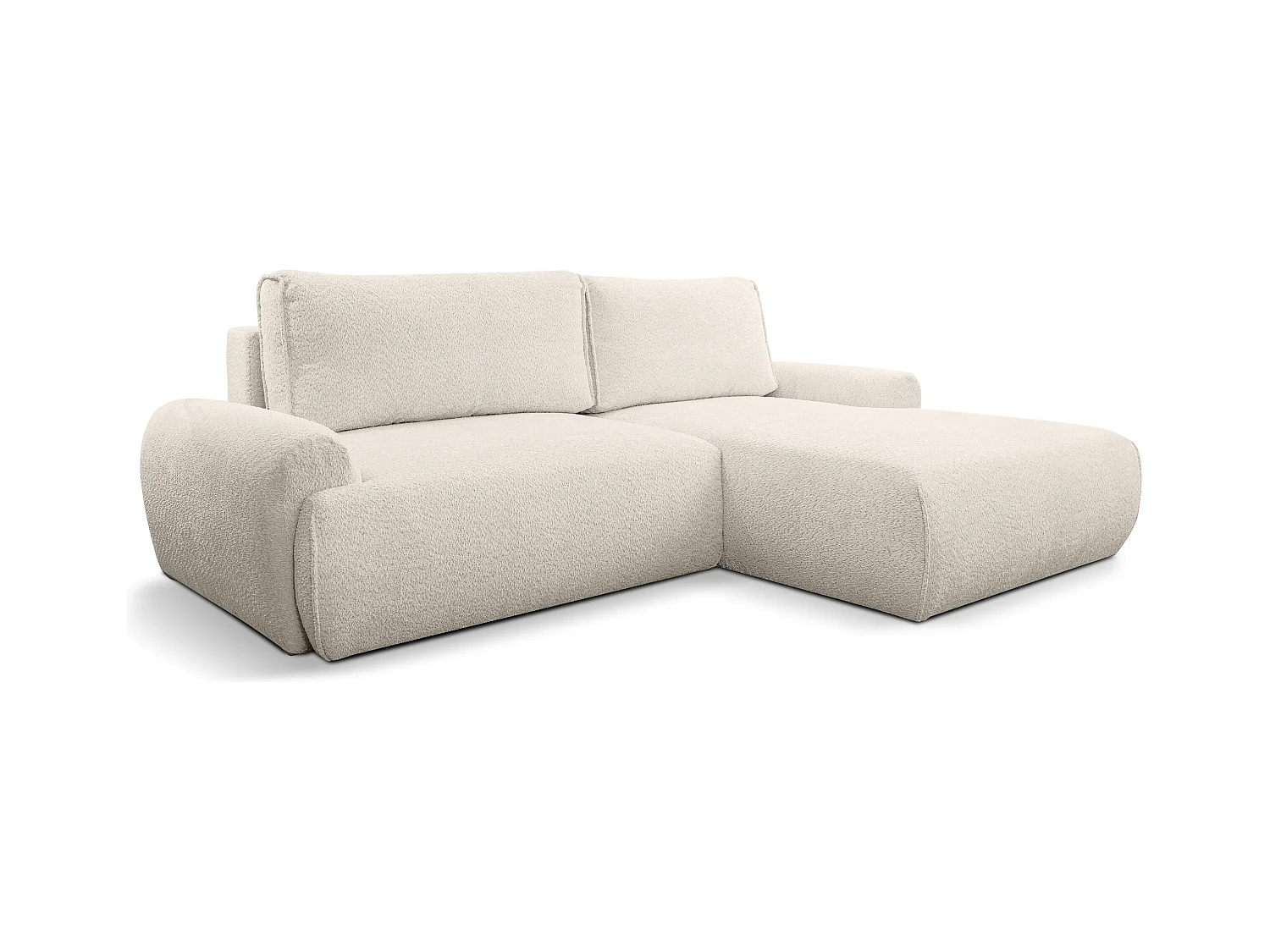 Canapé d'angle Moon avec fonction couchage et coffre de rangement, couleur : beige, tissu bouclé, pouf à droite