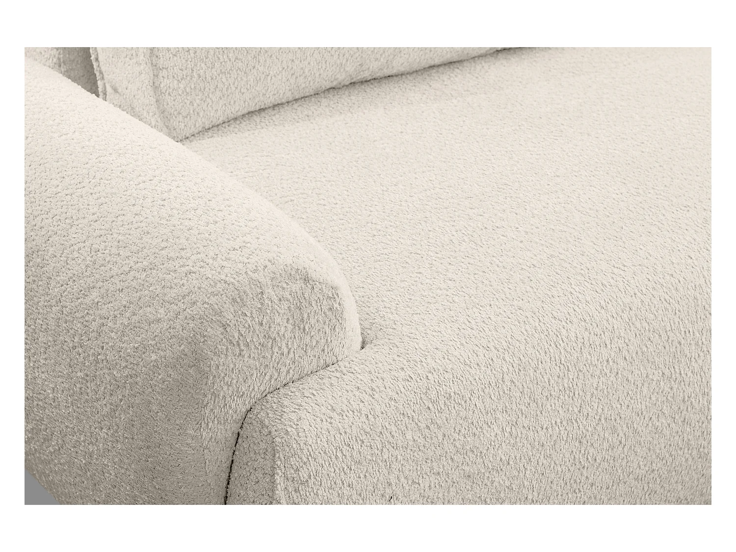 Canapé d'angle Moon avec fonction couchage et coffre de rangement, couleur : beige, tissu bouclé, pouf à droite