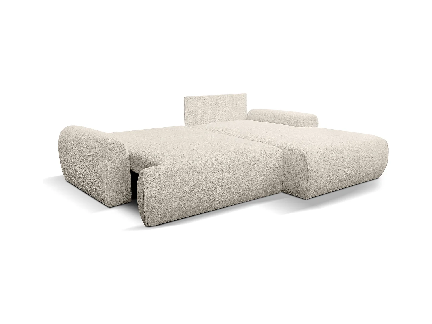 Canapé d'angle Moon avec fonction couchage et coffre de rangement, couleur : beige, tissu bouclé, pouf à droite