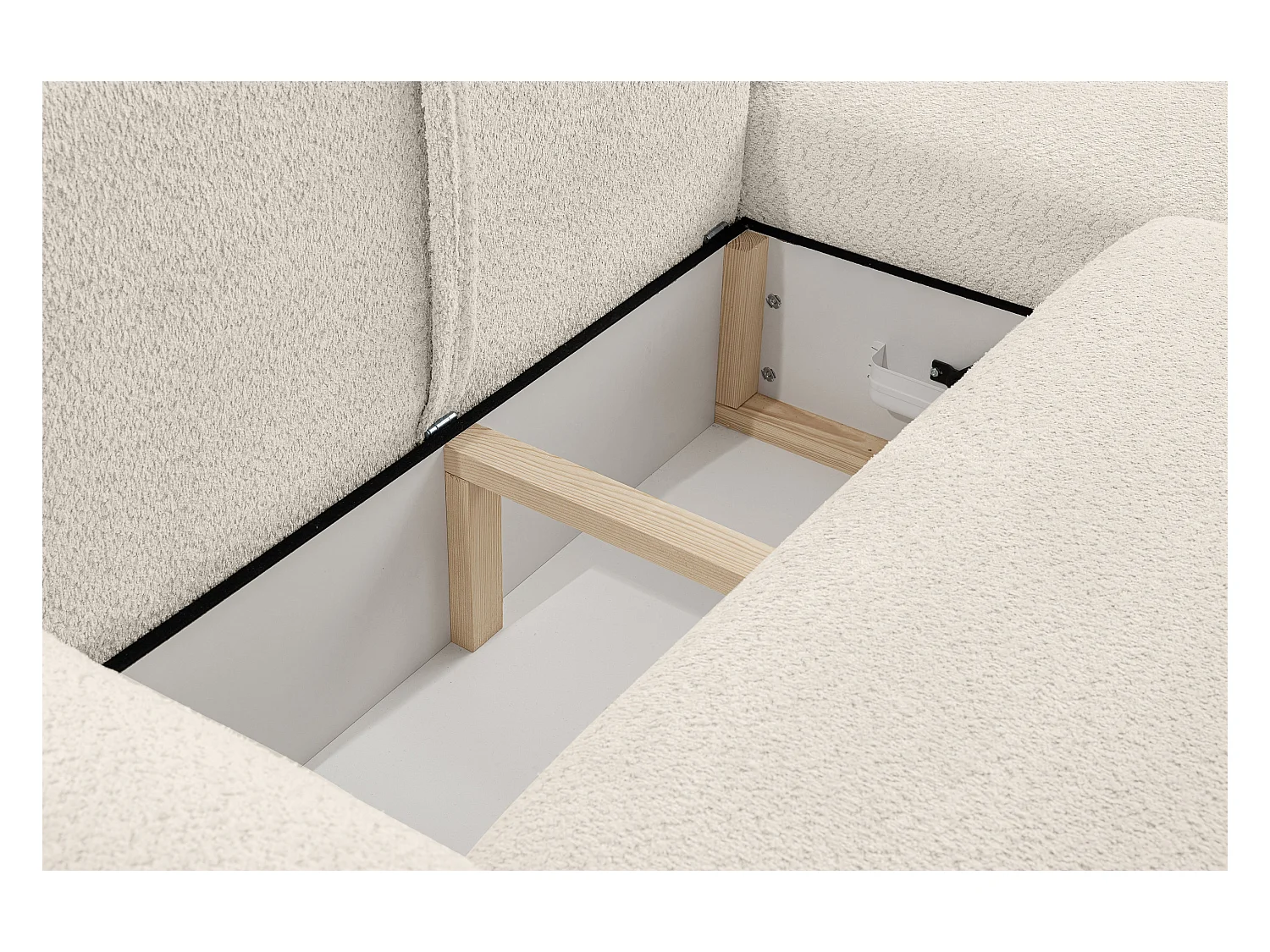 Canapé d'angle Moon avec fonction couchage et coffre de rangement, couleur : beige, tissu bouclé, pouf à droite