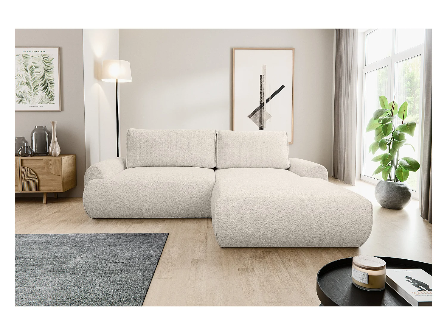 Canapé d'angle Moon avec fonction couchage et coffre de rangement, couleur : beige, tissu bouclé, pouf à droite