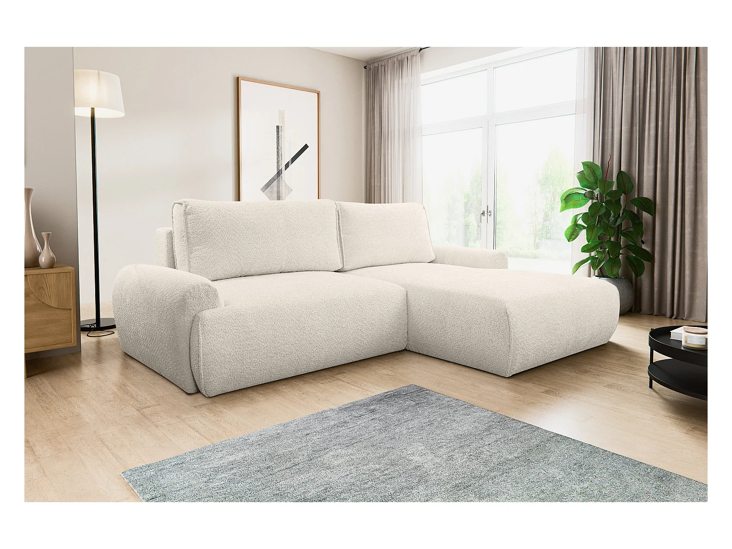 Hoekbank Moon, hoekbank in L-vorm met slaapfunctie en bedbak, kleur: beige, bouclé-stof, ottomane rechts