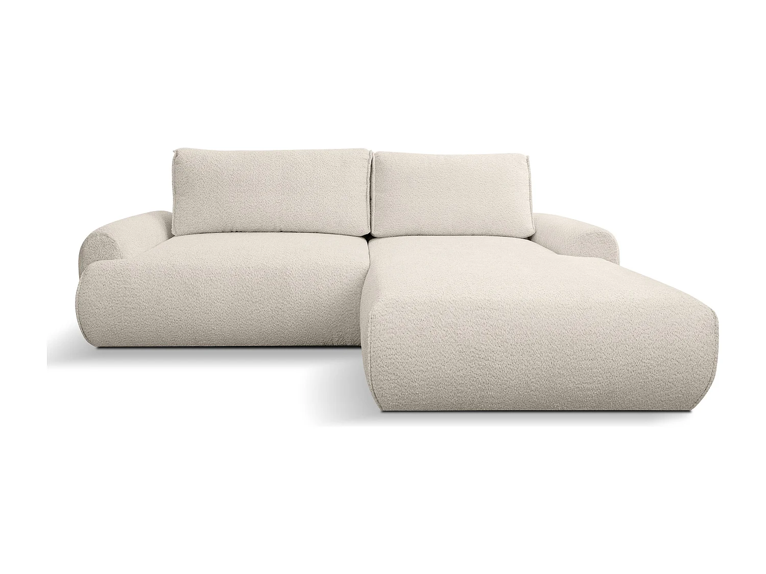 Canapé d'angle Moon avec fonction couchage et coffre de rangement, couleur : beige, tissu bouclé, pouf à droite