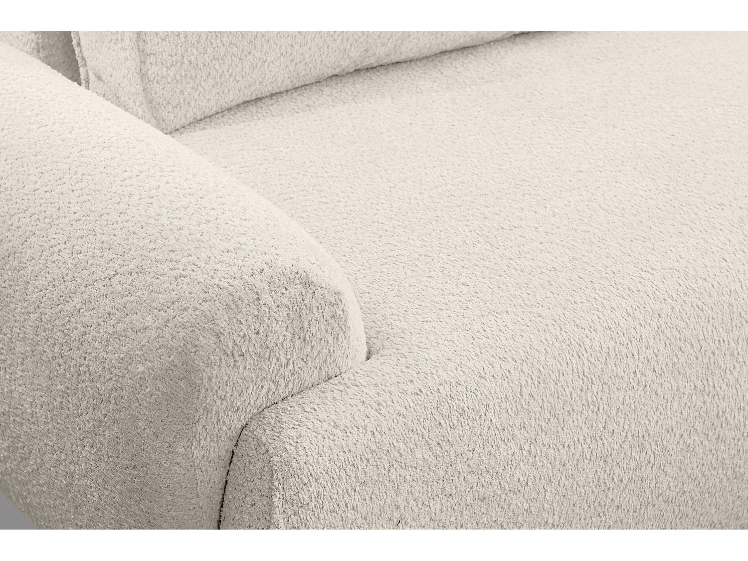 Canapé d'angle Moon avec fonction couchage et coffre de rangement, couleur : beige, tissu bouclé, pouf à droite