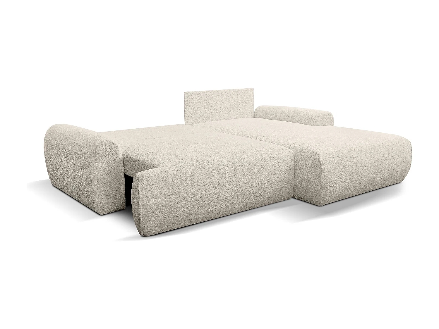 Canapé d'angle Moon avec fonction couchage et coffre de rangement, couleur : beige, tissu bouclé, pouf à droite