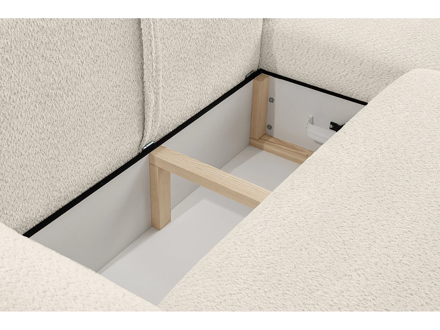 Canapé d'angle Moon avec fonction couchage et coffre de rangement, couleur : beige, tissu bouclé, pouf à droite