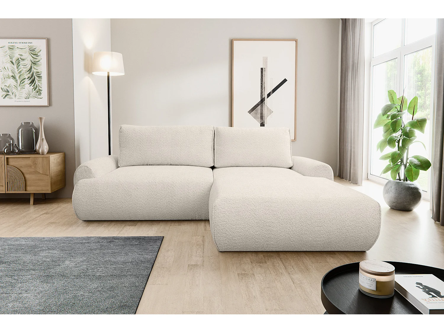 Canapé d'angle Moon avec fonction couchage et coffre de rangement, couleur : beige, tissu bouclé, pouf à droite