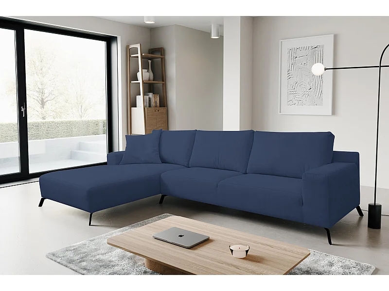 Hoekbank Aspen, hoekbank in L-vorm, kleur: blauw, velours, ottomane links