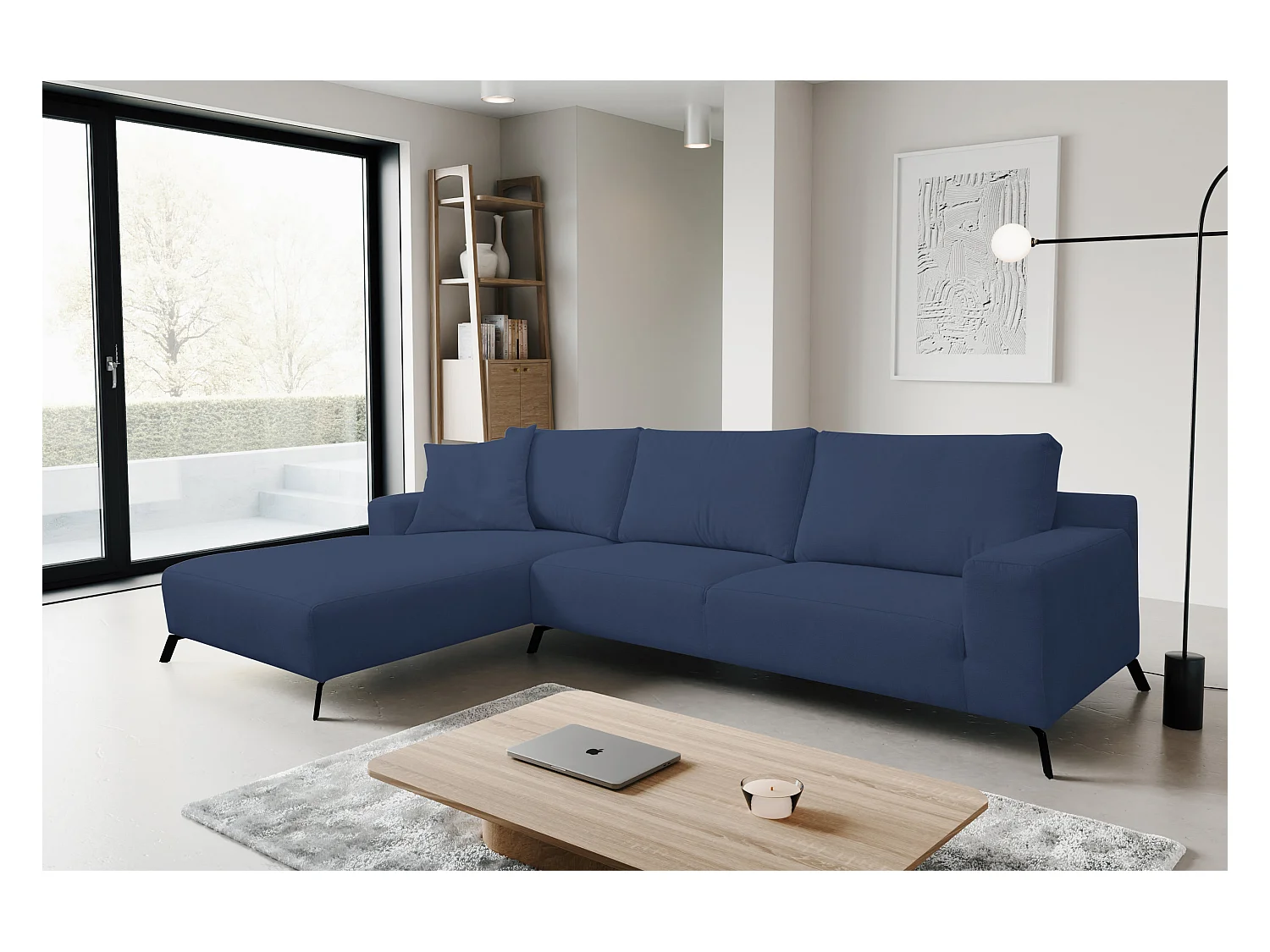 Canapé d'angle Aspen, couleur du canapé : bleu, tissu velours, pouf à gauche