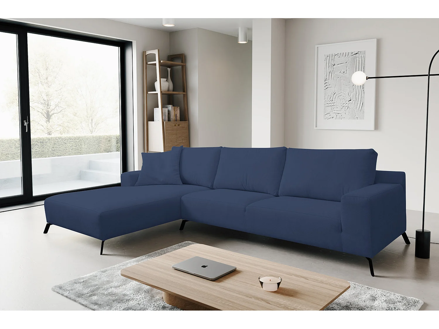 Canapé d'angle Aspen, couleur du canapé : bleu, tissu velours, pouf à gauche