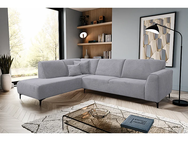 Canapé d'angle Mula, couleur : gris clair, tissu velours, pouf à gauche