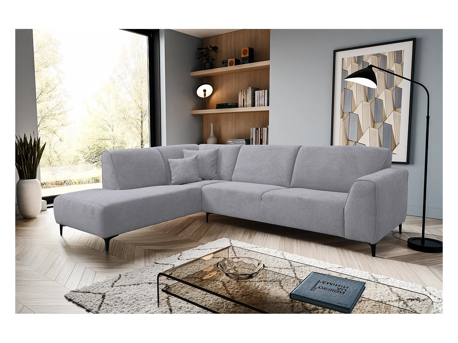 Canapé d'angle Mula, couleur : gris clair, tissu velours, pouf à gauche