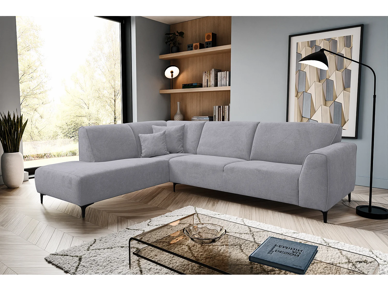 Canapé d'angle Mula, couleur : gris clair, tissu velours, pouf à gauche