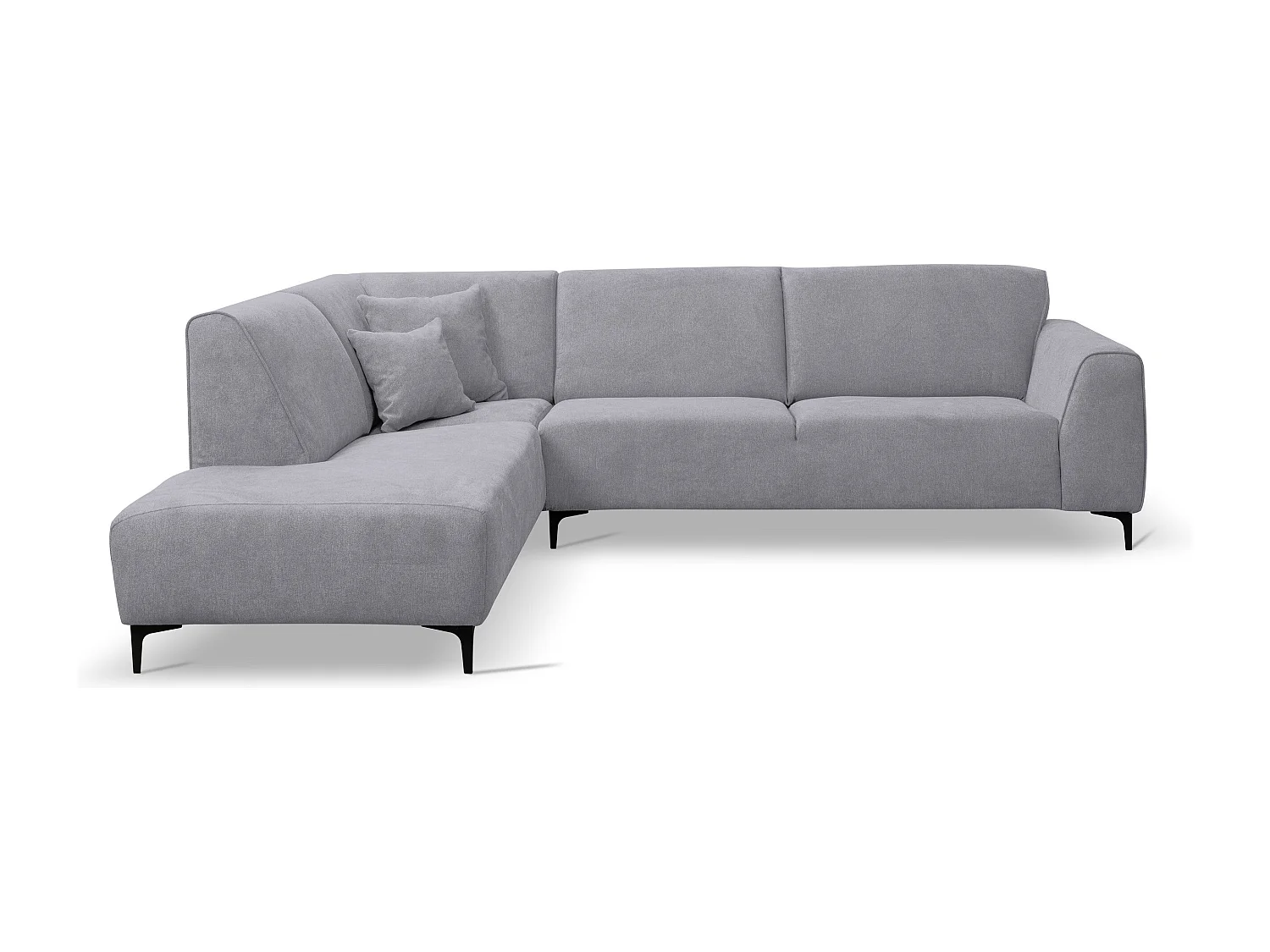 Canapé d'angle Mula, couleur : gris clair, tissu velours, pouf à gauche