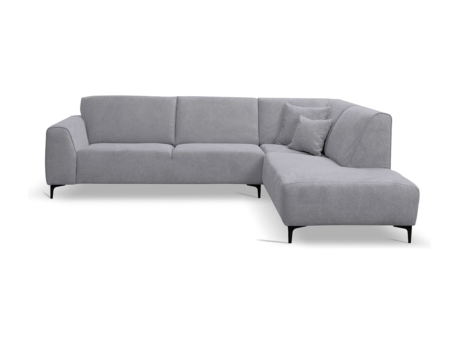 Canapé d'angle Mula, couleur du canapé : gris clair, tissu velours, pouf à droite