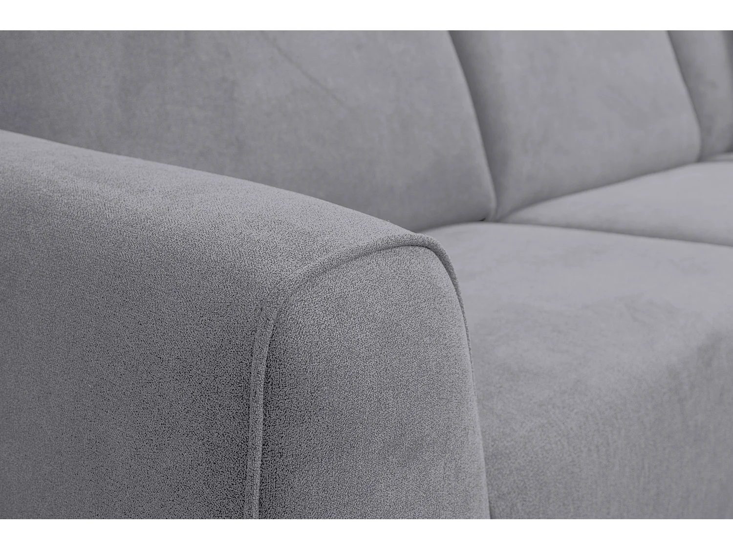 Canapé d'angle Mula, couleur du canapé : gris clair, tissu velours, pouf à droite