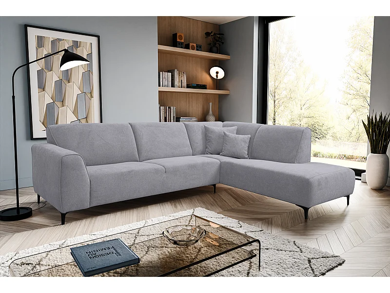 Canapé d'angle Mula, couleur du canapé : gris clair, tissu velours, pouf à droite