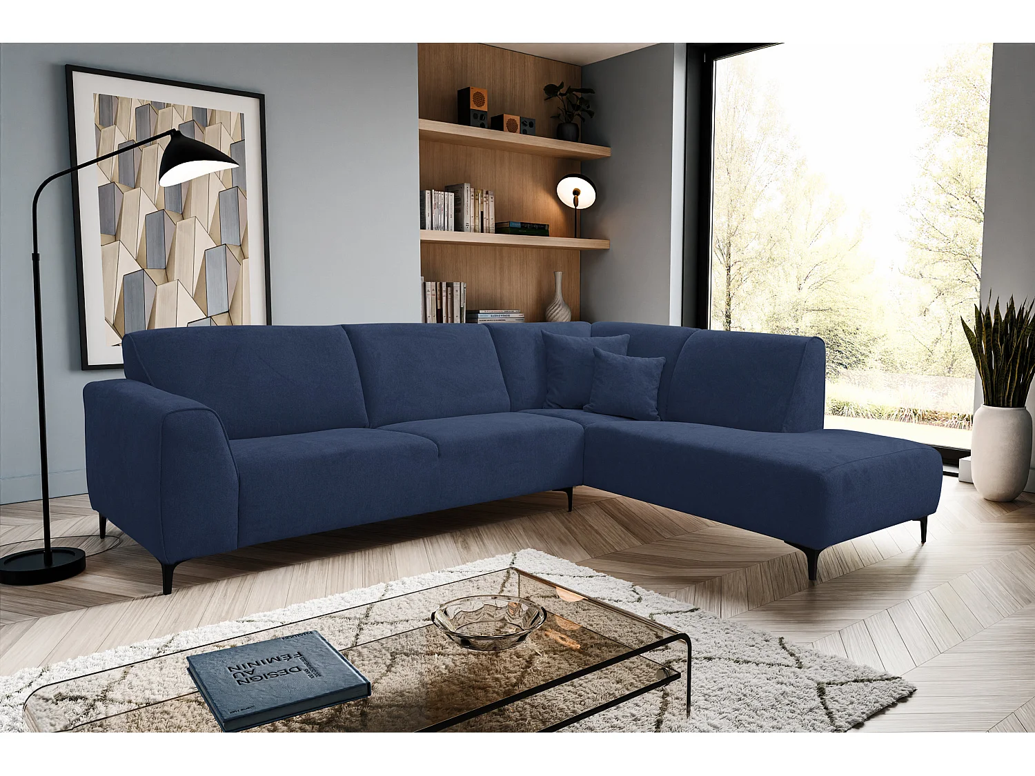 Canapé d'angle Mula, couleur : bleu, tissu velours, pouf à droite