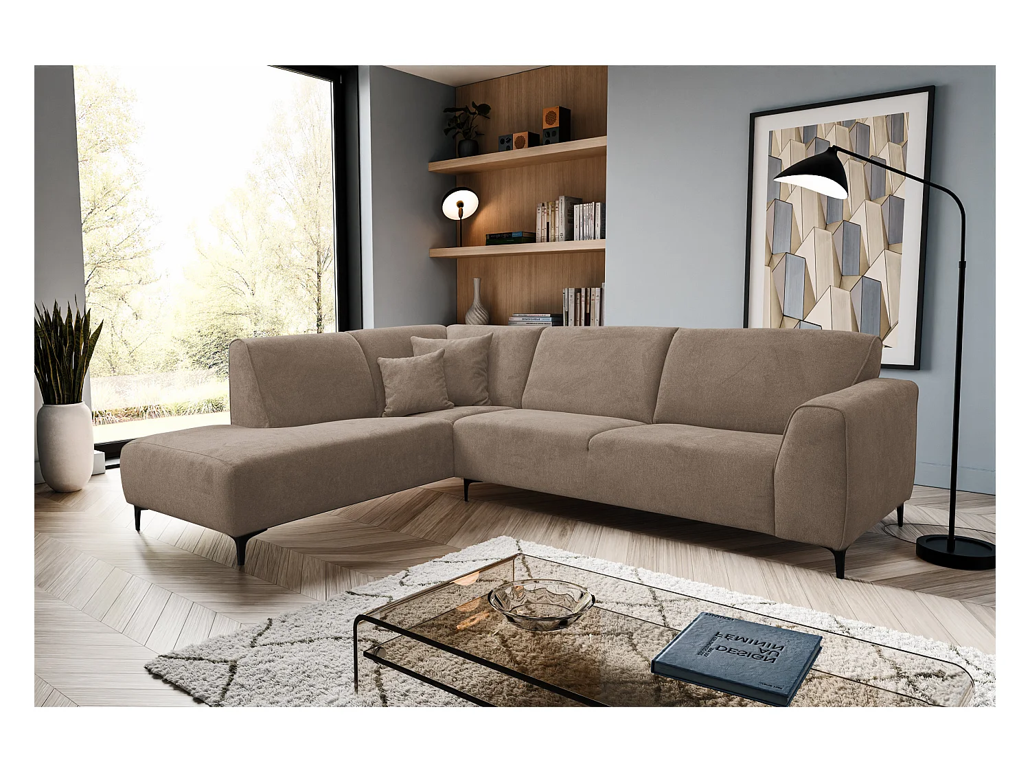 Canapé d'angle Mula, couleur : marron, tissu velours, pouf gauche