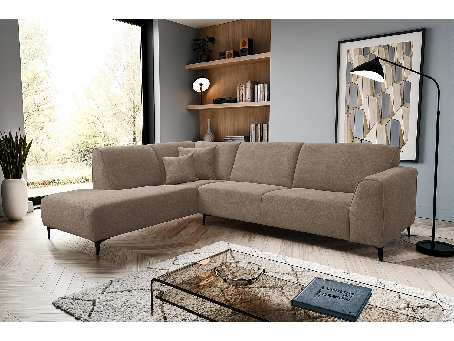 Canapé d'angle Mula, couleur : marron, tissu velours, pouf gauche