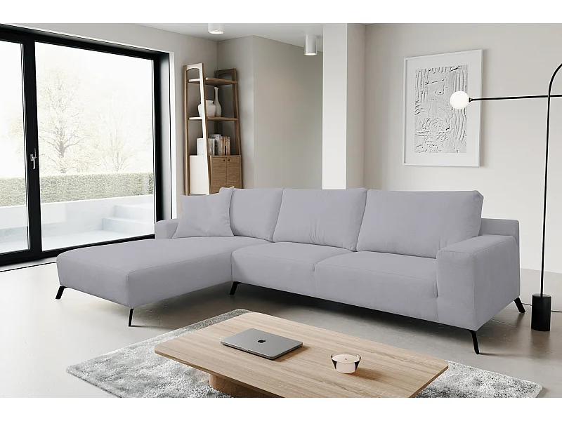 Ecksofa Aspen, Eckcouch in L-Form, Coach Farbe: Hellgrau, Velourstoff, Ottomane Links