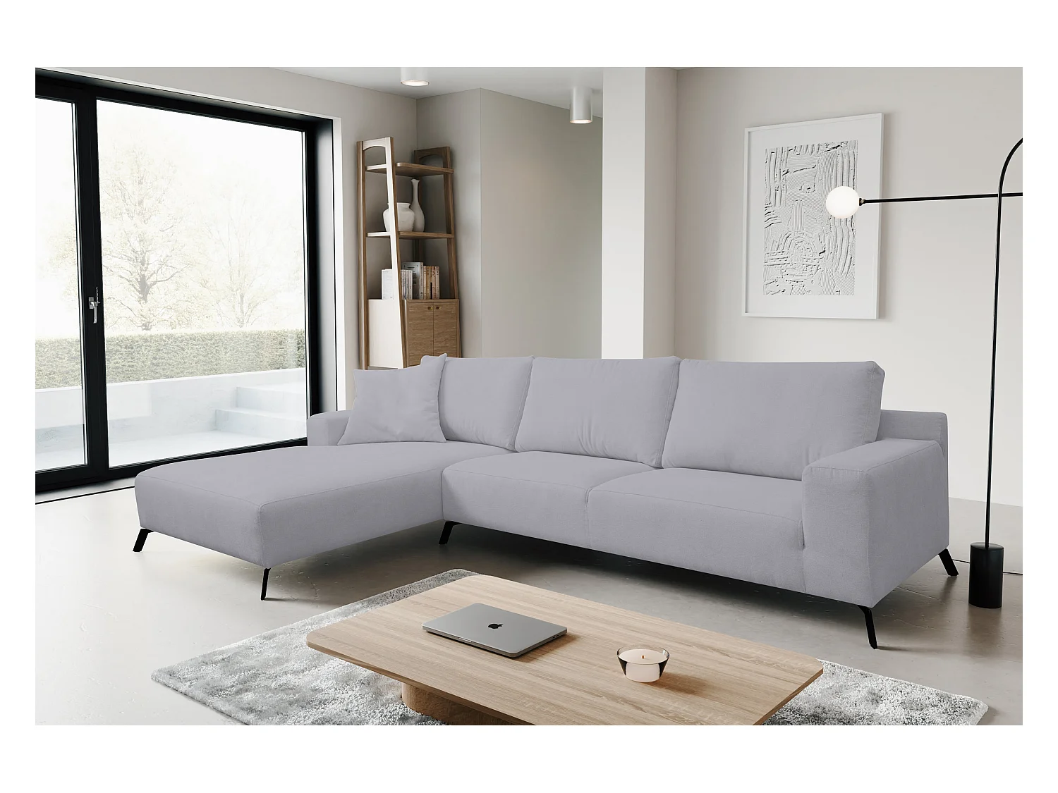 Canapé d'angle Aspen, couleur du canapé : gris clair, tissu velours, pouf à gauche