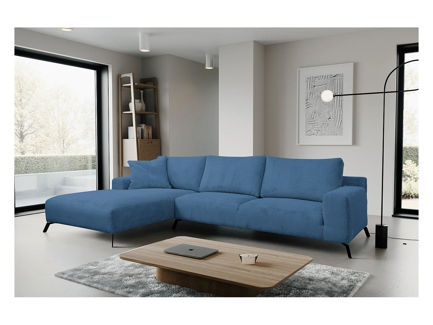 Canapé d'angle Aspen, couleur du canapé : bleu, tissu velours côtelé, pouf à gauche