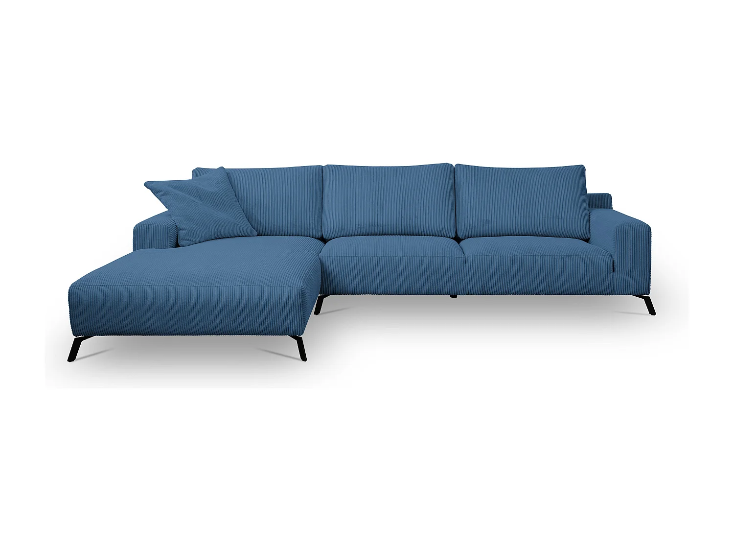 Canapé d'angle Aspen, couleur du canapé : bleu, tissu velours côtelé, pouf à gauche