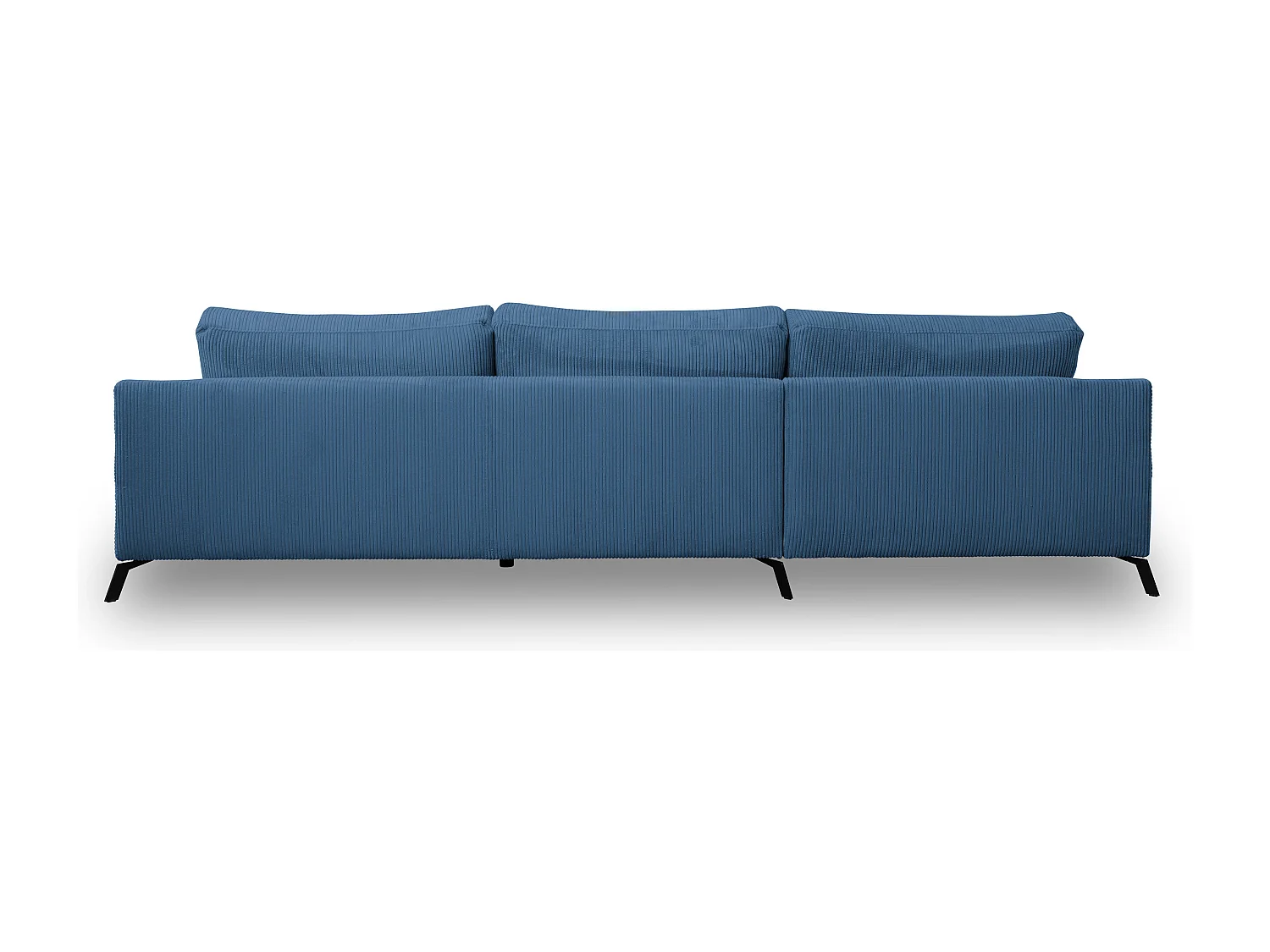 Canapé d'angle Aspen, couleur du canapé : bleu, tissu velours côtelé, pouf à gauche